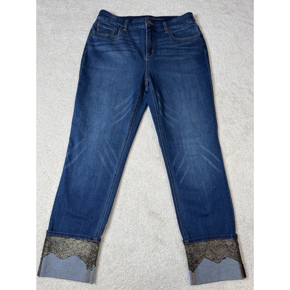Chico's So Slimming Girlfriend Ankle Jeans Gold Lace-Cuff Size 1 = 8   570212796